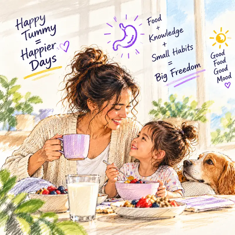 A mother and her young daughter smiling over a breakfast of yogurt, berries and milk, with the family dog beside them and hand-written notes: Happy tummy = happier days; Food + knowledge + small habits = big freedom