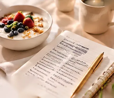 Breakfast bowl beside an open food journal