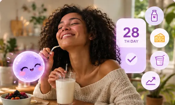 A smiling woman enjoying a glass of milk next to a day-28 check-in card and Luna