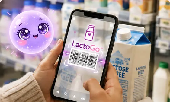 Luna floating beside a phone scanning the barcode on a milk carton with LactoGo